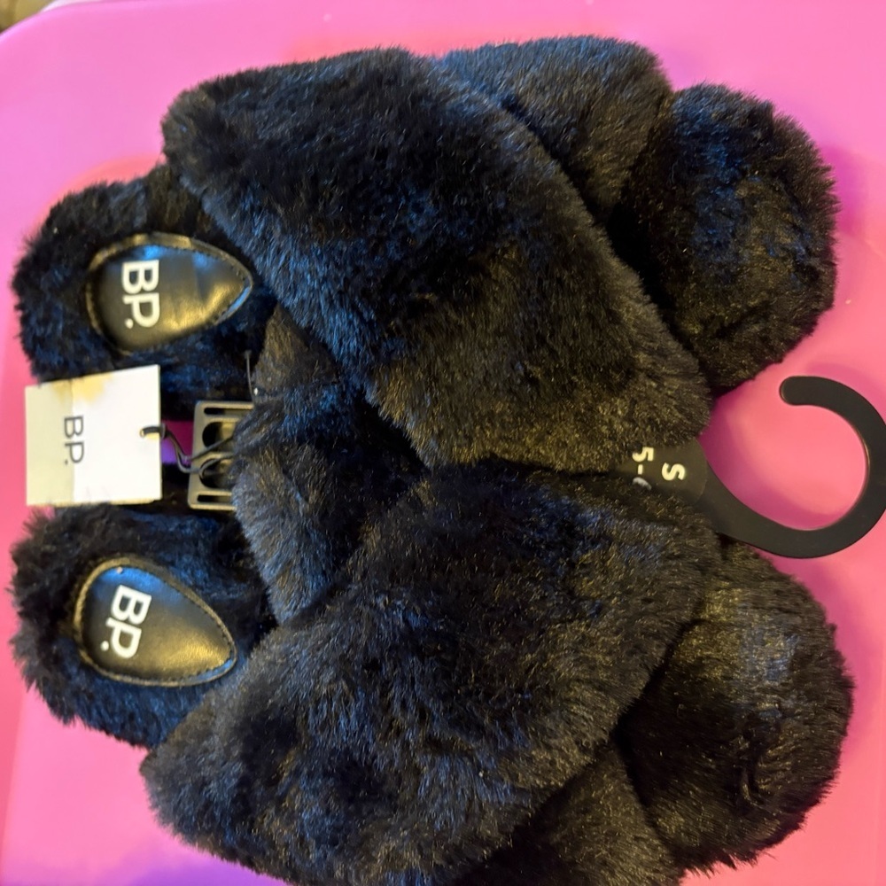 bp Black Plush Slide Slippers with Ribbed Sole